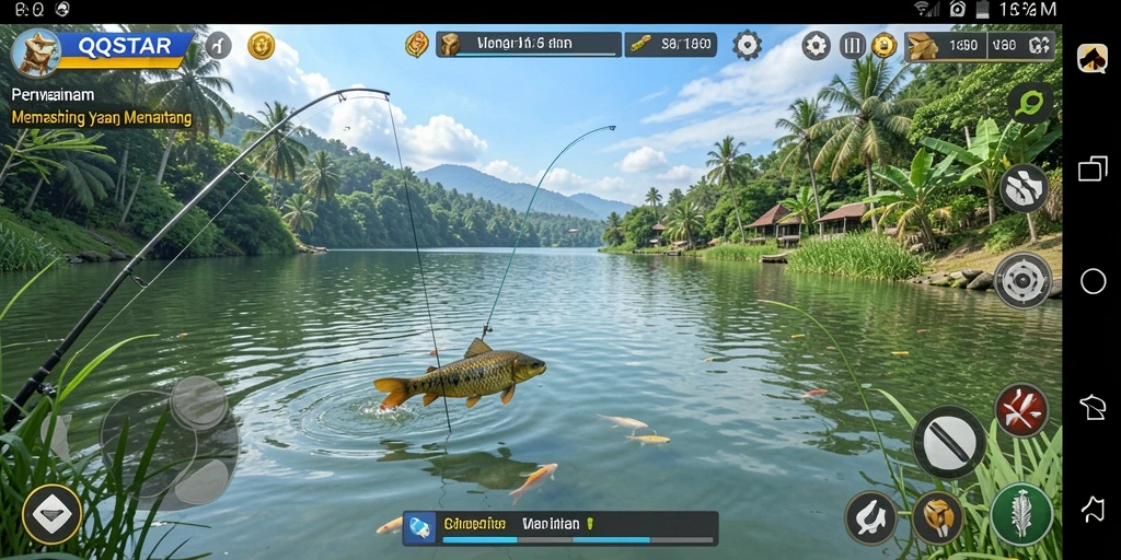 Screenshot gameplay QQSTAR menunjukkan pengalaman memancing yang seru dan realistis.
