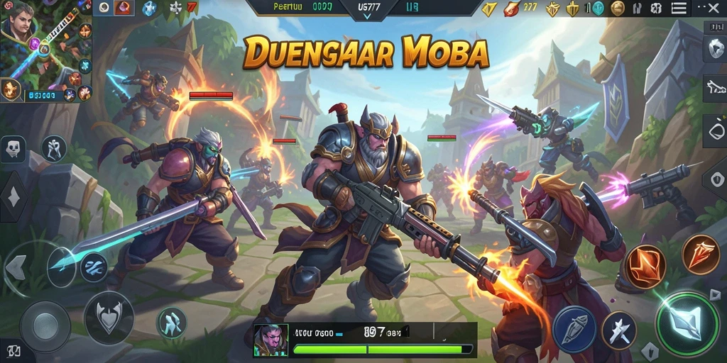 Screenshot gameplay seru UG777 dalam pertempuran MOBA.